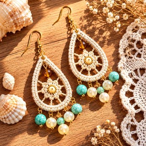 May include: A pair of teardrop-shaped earrings featuring cream-colored crochet lace in a floral pattern, accented with gold-tone hooks, translucent amber beads, turquoise-colored speckled beads, and lustrous white pearls hanging from the base.