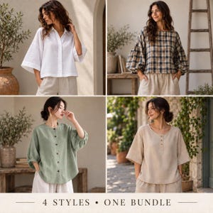 May include: A collection of four shirts including a white button-down, a plaid long-sleeve top, a sage green button-front blouse, and a beige henley shirt. The text at the bottom of the image reads 4 STYLES • ONE BUNDLE.