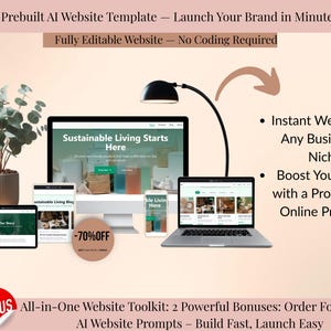 May include: An advertisement for a website template, featuring a desktop computer, laptop, tablet, and smartphone displaying a website. The text reads "Sustainable Living Starts Here." The image also includes text that says "-70% OFF" and "Launch Your Brand in Minutes!"