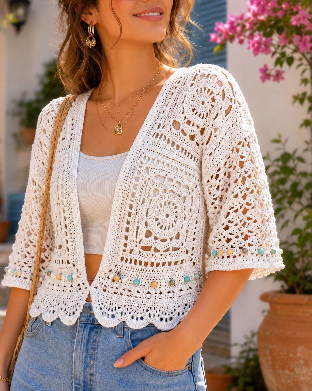 Crochet Granny Square Lace Cardigan Pattern PDF, Boho Lace Jacket