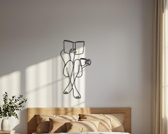 Minimalist Reading Woman Metal Wall Art, Modern Line Art Wall Decor, Book Lover Wall Hanging, Coffee & Reading Art, Scandinavian Home Decor