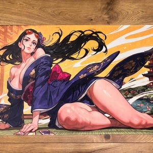 May include: A rectangular mat featuring a woman in a purple kimono with a red bow, black hair, and a floral hair accessory. The background depicts a Japanese pagoda and a pond with koi fish, set against a yellow and orange sky.