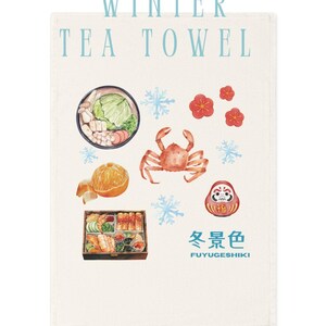 Japanese Winter Tea Towel, Fuyugeshiki Design with Crab, Hot Pot, Mandarin Orange, Osechi and Daruma