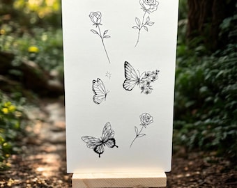 Tatuaje temporal delicado de rosa y mariposa (juego de 2) / Tatuaje falso floral diminuto / Tatuaje de rosa de línea fina / Tatuaje de mariposa bohemio
