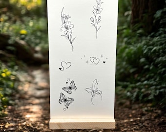 小さな花、蝶、ハートのタトゥーシール（2枚セット）/小さな蝶のタトゥー/花のフェイクタトゥー/小さな自然のタトゥー/スキンデコレーション