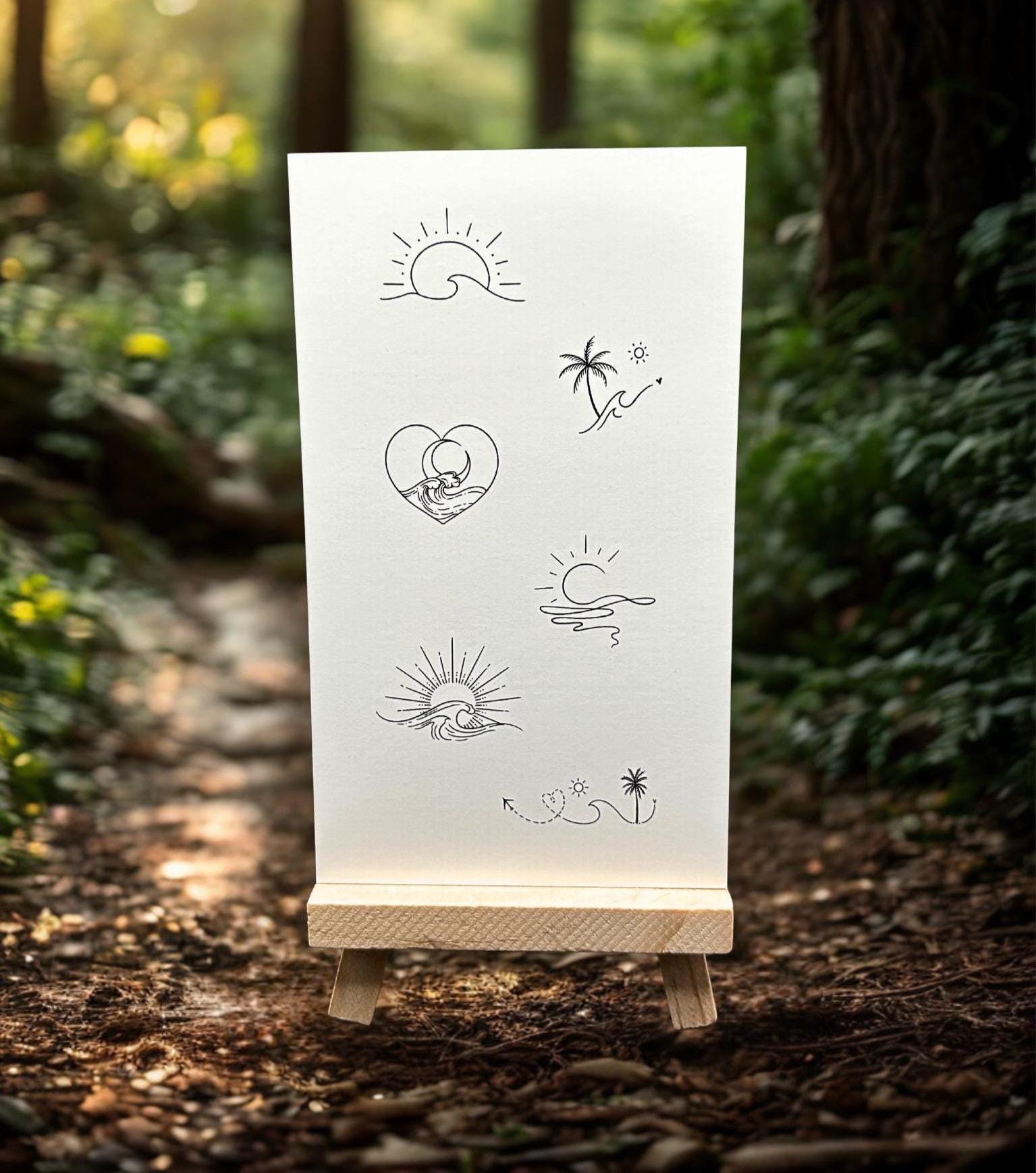 Ocean-Inspired Temporary Tattoos (Set of 2) / Palm Tree Tattoo / Wave Fake Tattoo / Fine Line Summer Tattoo / Small Sun Tattoo