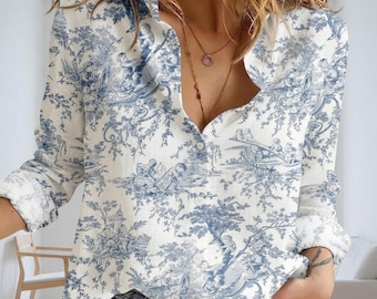 Vinatge French Toile Blouse Shirt, French Pastoral Cottagecore Top, Blue White Countryside Women Shirt, Gift For Her