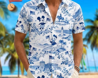 Vintage Disney Mickey Mouse Hawaiian Shirt, Donald Duck, Patriotic USA Flag Summer Beach Button Down, Disney USA Summer Shirt, Gift For Him
