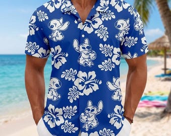 Stitch Floral Sommer Shirt, Lilo und Stitch Aloha Shirt, süßes Disney Strand Button Shirt, Sommerferien Button Down, Geschenk für Stitch-Liebhaber