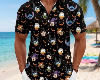 Halloween Mickey & Friends Knopf-Shirt, Mickey Minnie Sommer-Outfits, Mickey ist nicht so beängstigend Halloween-Party-Shirt, Halloween-Männer-Shirt