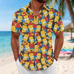 Bart Simpson Button Shirt, Funny Bart Face Beach Shirt, Retro The Simpsons Graphic Shirt, Summer Vacation Casual Button Down, Gift For Him