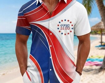 Camisa patriótica de 1776 con botones, diseño abstracto de la bandera estadounidense en rojo, blanco y azul, camisa americana con botones, ropa de playa para hombre del 4 de julio, regalo moderno estadounidense.