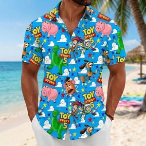 Toy Story 5 Hawaiian Shirt, Woody Buzz Rex Hamm Slinky Dog Alien Button Shirt, Pixar Character Summer Beach Button Down, Mens Top