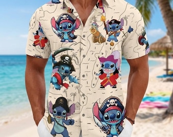 Disney Stitch Pirate Button Shirt, Lilo and Stitch Button Down, Cute Stitch Aloha Shirt, Disney Summer Vacation Top, Gift for Stitch Fan