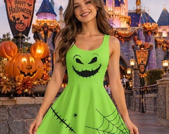 Oogie Boogie Costume Skater Dress, Nightmare Before Christmas Cosplay, Spooky Neon Green Outfit, Tim Burton Halloween Costume, Villain Dress