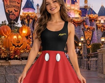 Classic Mickey Mouse Cosplay Skater Dress, Vintage Disneybound Outfit, Retro Mickey Cosplay, Cute Cartoon Flare Dress, Theme Park Clothes