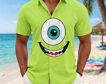 Mike Wazowski Costume Hawaiian Shirt, Monsters Inc One Eyed Monster Cosplay Shirt, Disney Pixar Vacation Top, Green Monster Summer Shirt