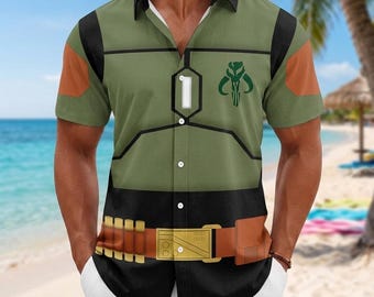 Camisa com botões do Boba Fett, ideal para cosplay de Star Wars no Halloween, camisa havaiana de verão para homens da Disney, camisa do Boba Fett, perfeita para fãs de filmes.