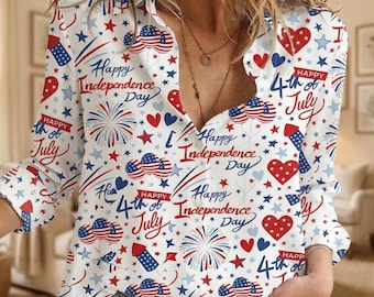 Glücklicher Unabhängigkeitstag Frauen Shirt, 4. Juli Feier Top, Patriotisches Feuerwerk Herz Shirt, USA Amerikanisches Urlaubsoutfit, Geschenk für Sie