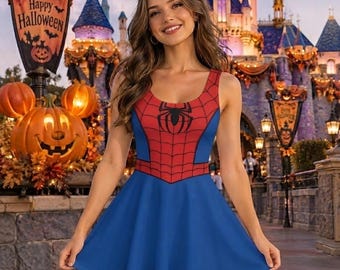 Spider-Man Cosplay Skater Dress, Marvel Superhero Cosplay Outfit, Comic Con Spider Costume, Red and Blue Flare Dress, Geek Chic Apparel