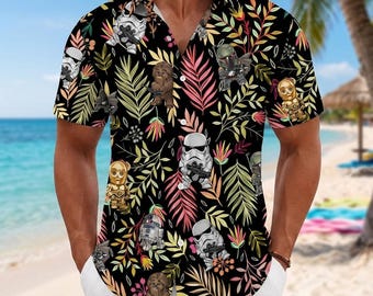 Star Wars Button Shirt, Stormtrooper Boba Fett, Chewbacca Chibi, Tropical Leaf Aloha Shirt, Summer Vacation Button Down, Disneyland Shirt
