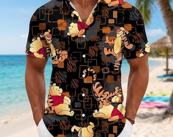 Winnie the Pooh Summer Shirt, Tigger Pattern Summer Button Shirt, Cute Cartoon Beach Shirt, Fun Pooh Bear Apparel, Disney Gift For Him