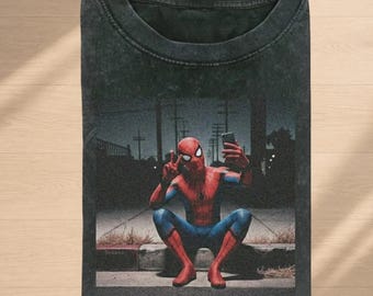 Comfort Colors Spider-Man Curb Sitting Selfie Shirt, Vintage Superhero Graphic Tee, Funny Spidey Phone Photo Tshirt, Marvel Gift