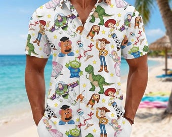 Funny Toy Story Hawaiian Shirt, Woody Buzz Jessie Rex Hamm Slinky Forky Button Shirt, Pixar Character Beach Button Down, Men Top, Disneyland
