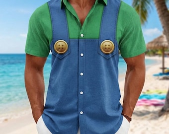 Luigi Costume Hawaiian Shirt, Super Mario Bros Cosplay Button Shirt, Funny Vacation Button Top, Nintendo Gamer Gift for Him, Halloween Gift