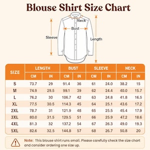 May include: A Blouse Shirt Size Chart featuring a line drawing of a button-down shirt with arrows indicating measurements for neck, bust, sleeve, and length. A table provides sizing from S to 5XL in both centimeters and inches, with a warning note.