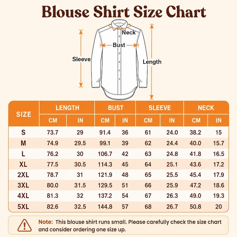 May include: A Blouse Shirt Size Chart featuring a line drawing of a button-down shirt with arrows indicating measurements for neck, bust, sleeve, and length. A table provides sizing from S to 5XL in both centimeters and inches, with a warning note.