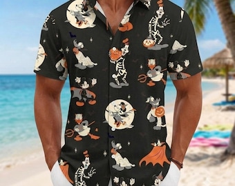 Disney Halloween Hawaiihemd, Micky Geist Skelett Knopfhemd, Spooky Disney Urlaub Top, Disney Thema Party Hemd, Männer Aloha