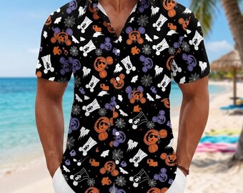 Halloween Mickey Pumpkin Hawaiian Shirt, Spooky Spiderweb Button Shirt, Disney Halloween Party Shirt, Fall Vacation Outfit, Gift For Him
