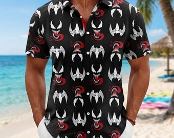 Venom Summer Men Hawaiian Shirt, Marvel Symbiote All Over Print Top, Villain Comic Beach Shirt, Spider Man Shirt, Dark Antihero Summer Shirt