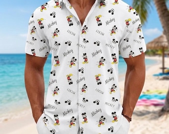 Mickey Mouse Script Hawaiian Shirt, Minimalist Mickey Aloha Button Shirt, White Disney Summer Shirt, Classic Mickey Mouse Gift, Gift For Him