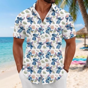 May include: A short-sleeved button-down shirt featuring an all-over print of the blue character Stitch from Lilo & Stitch, interspersed with light pink hibiscus flowers and green tropical leaves on a white background with the word Stitch printed.