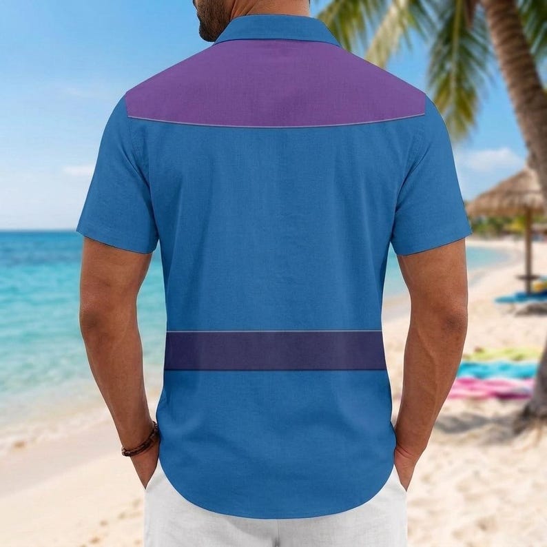 May include: A short-sleeved button-down shirt featuring a bright blue base color, a solid purple horizontal panel across the upper back, and a darker navy blue horizontal band across the mid-section, finished with a classic collar.