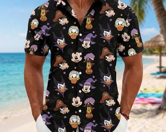 Halloween Disney Character Button Shirt, Mickey Mouse Ghost Aloha Shirt, Spooky Character Beach Top, Trick Or Treat Shirt, Summer Outfit