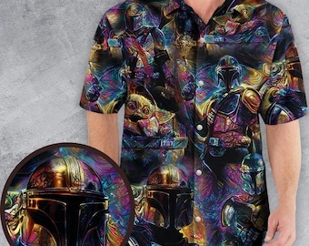 Artistic Mandalorian Hawaiian Shirt, Star Wars Aloha Button Shirt, Space Beach Top, Star Wars Lover Gift, Summer Beach Shirt, Vacation Shirt