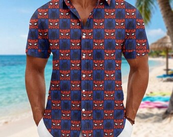 Spider Man Summer Hawaiian Shirt, Superhero Button Shirt, Comic Book Beach Shirt, Marvel Spider Face Button Down, Mens Summer Tee