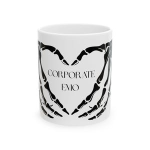 Ceramic Mug: Corporate Emo Skeleton Heart Design, Unique Gift for Emo Fans, Halloween Decor, Coffee Lovers, Office Humor