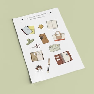 May include: An illustration featuring stationery items such as notebooks, a tote bag, scissors, and a pen. The text "keeping memories by moonlit journal" is at the top. The items are depicted in a minimalist style with a neutral colour palette.