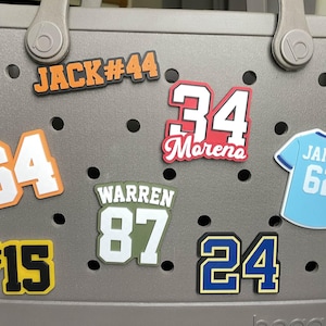 Sports Number Bogg Bag Name Charms – Custom Name & Jersey Numbers, School Spirit, Football, Baseball  | Many Color Options- 3D Printed