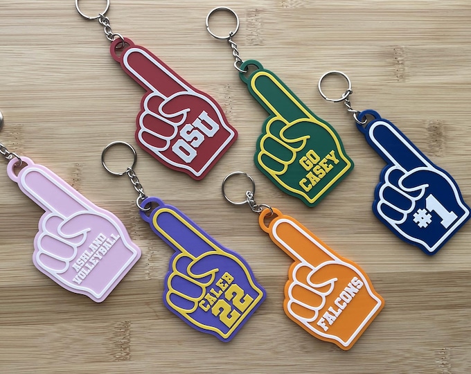 Custom Foam Finger Keychain Tag: Sports Personalized Keychain / Backpack Accessory