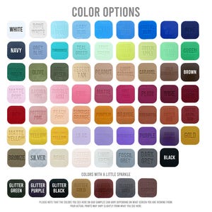 May include: A color chart titled COLOR OPTIONS displaying a grid of sixty-four square swatches in various shades including white, blue, green, brown, pink, red, yellow, purple, and grey, plus seven glitter options labeled at the bottom.