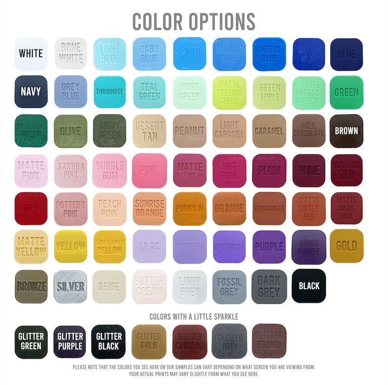 May include: A color chart titled COLOR OPTIONS displaying a grid of sixty-four square swatches in various shades including white, blue, green, brown, pink, red, yellow, purple, and grey, plus seven glitter options labeled at the bottom.