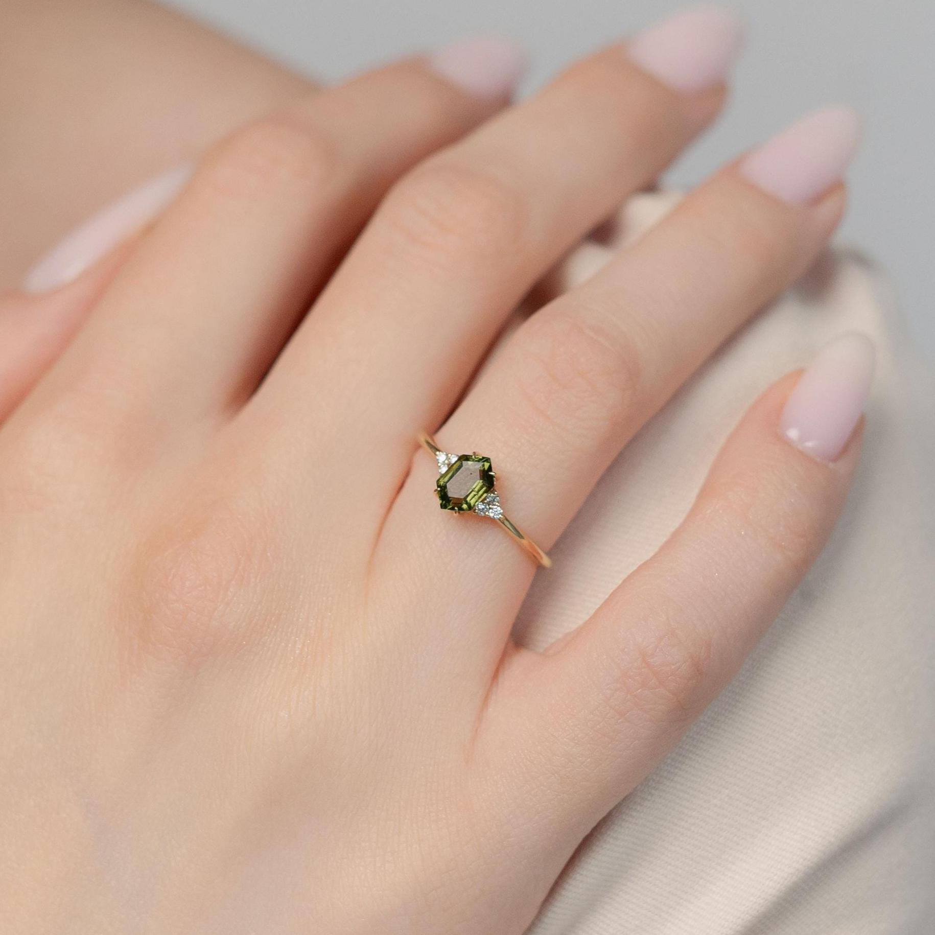 Moldavite Gold Ring - Moldavite Diamond Engagement Ring - Solid Gold Moldavite Jewelry  - 14K Solid Gold Vltavin Ring - Hexagon Cut Ring