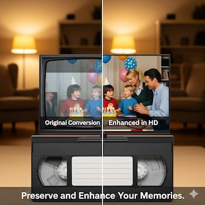 May include: Image comparing a vintage television screen with a family watching a birthday party, labeled "Original Conversion" and "Enhanced in HD." Below, a black VHS tape with the text "Preserve and Enhance Your Memories."