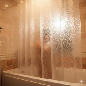 Puede incluir: Una cortina de ducha transparente con un patrón de panal cuelga frente a una bañera blanca. La cortina permite el paso de la luz. Las paredes del baño están alicatadas en tonos beige y marrón. La cortina de ducha es de material transparente.