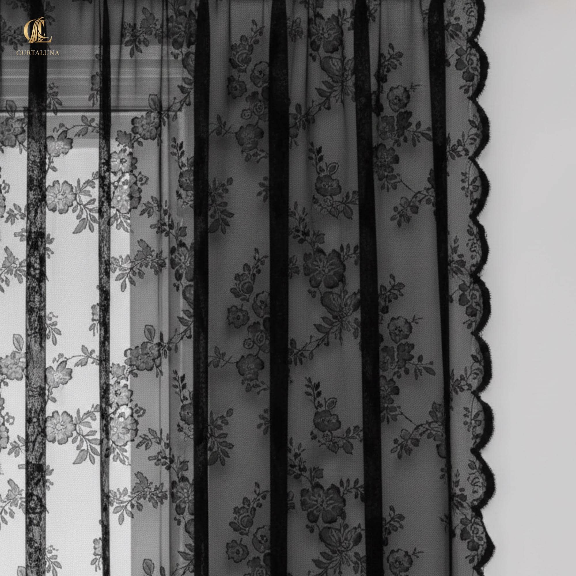 Black Floral Lace Curtains | Romantic Window & Door Curtains for